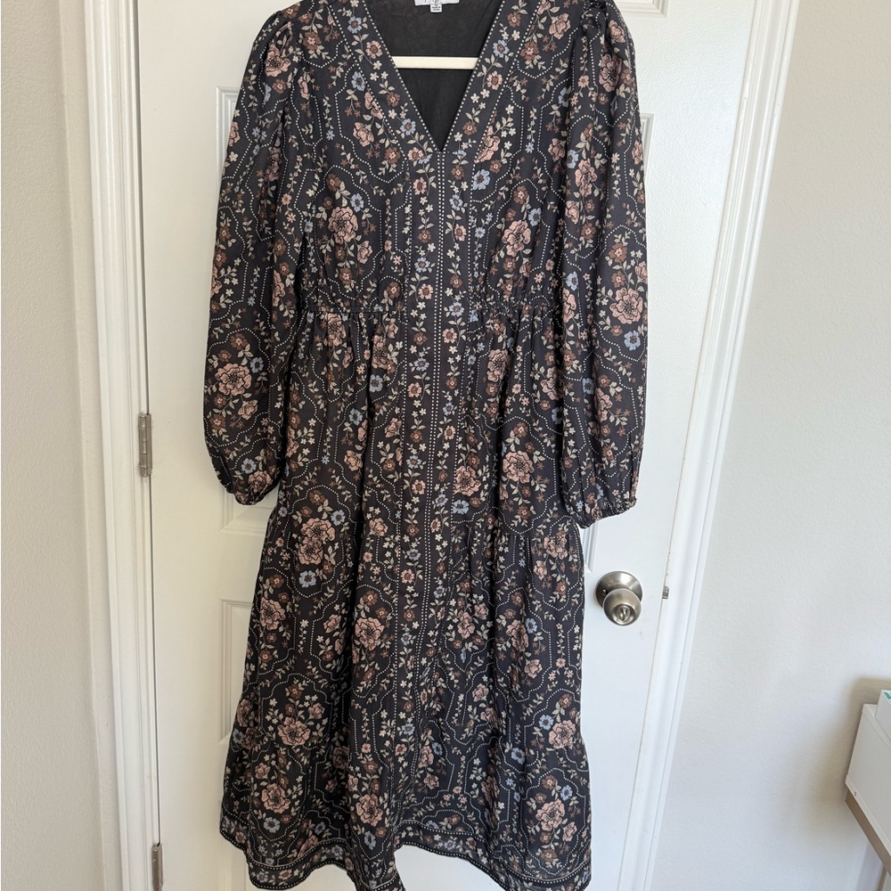 Polagram Black Floral Long Sleeve Midi Dress